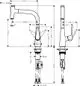 Küchenarmatur von Hansgrohe mit einem hohen, gebogenen Auslauf. Zeichnung zeigt Abmessungen und Details für die Montage und Nutzung des Mischers.